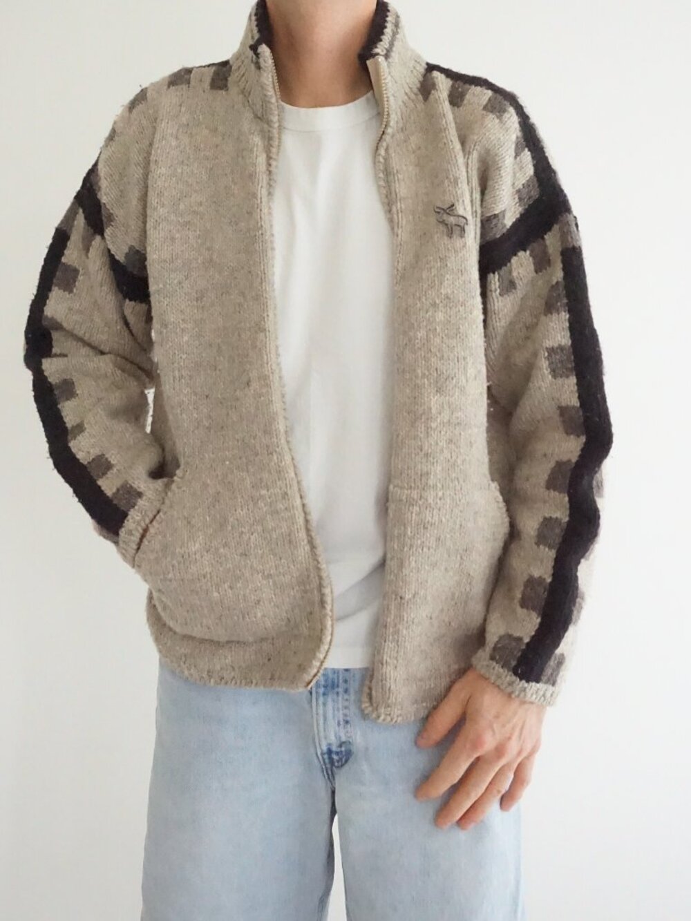 Handmade Beige Brown Moose Geometric Full Zip Wool Knit Raised Collar Sweater XL